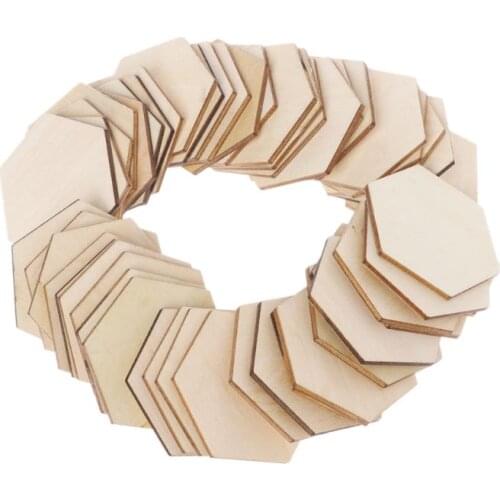50pcs Hexagon Laser Cut Unfinished Wooden Discs Embellishments Arts Crafts DIY Birthday Wedding Display Decor 50mm