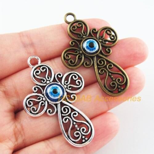 6Pcs Antiqued Bronze Silver Plated Flower Cross Eye Resin Charms Pendants 31x47.5mm