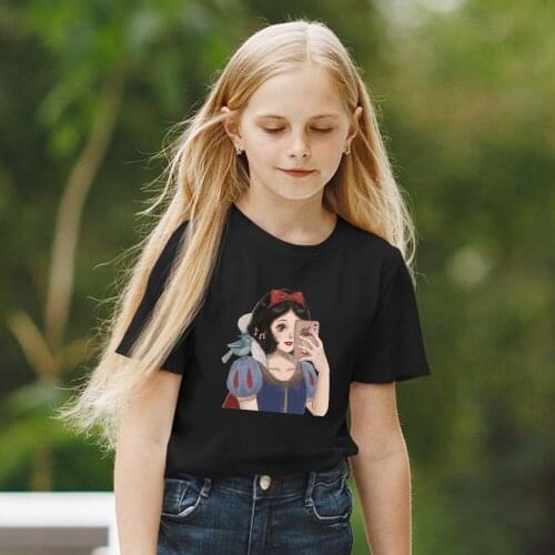 Snow White Princess Selfie Print T-shirt Black Harajuku Children Fashion Kawaii Clothes Disney Children T shirt Baby Girl Tshirt