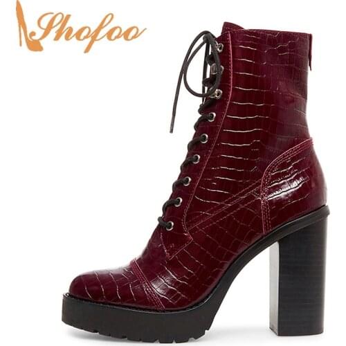 Burgundy Croco Print Ankle Boots High Chunky Heels Booties Lace Up Woman Round Toe Large Size 12 16 Ladies Fashion Shoes Shofoo