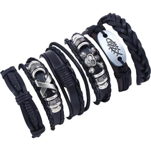 Black Skull Unique Design Alloy Women Vintage Handmade Woven Punk Wrap Leather Bracelets Men Jewelry Wholesale Accessories