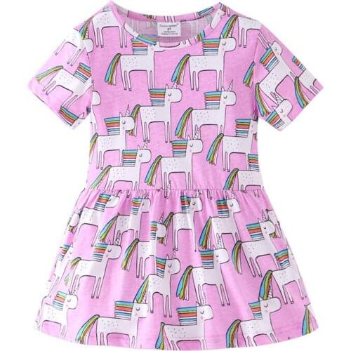 Funnygame Top Brand Unicorns Princess Girls Dresses Purple Toddler Cotton Baby Clothing Short Sleeve Tutu Party Kids Dress