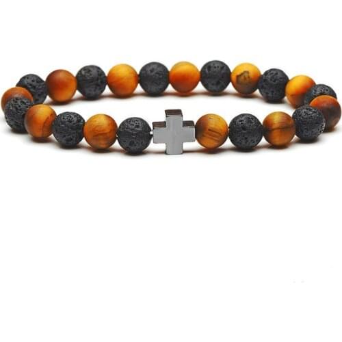 Druzy 8mm Natural Stone Black Hematite Tiger Eye Stone Fashion Matte Black Agates Bracelet Cross Alloy Decoration Healing