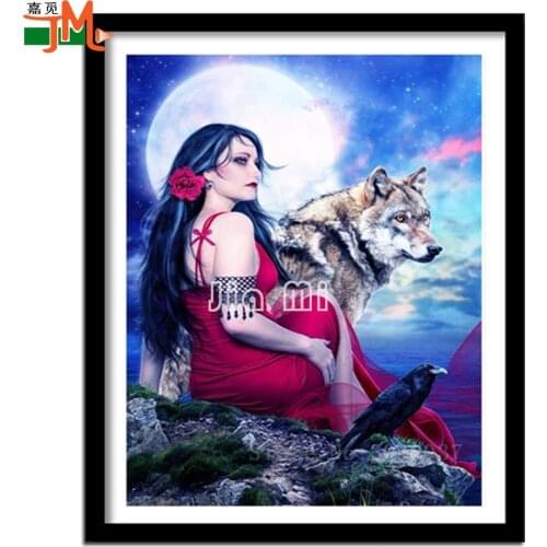 Full Square/Round Drill Sexy Beauty And Wolf,Crow Mosaic Diamond Embroidery Diamond Painting Cross Stitch Woman, Animal Kit