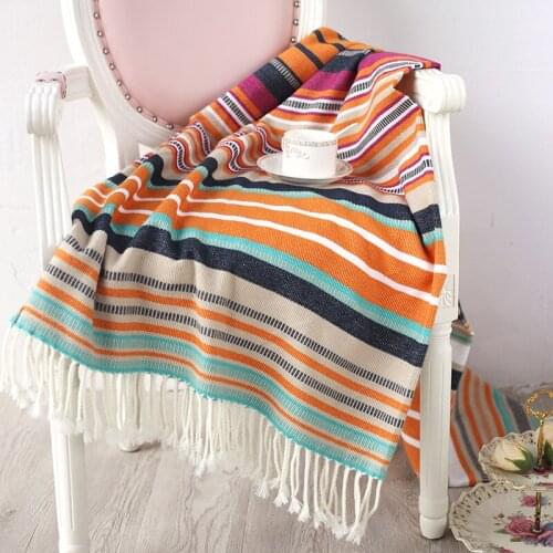 Colorful Striped Blanket Nordic Home Sofa Decorative Knitted Throw Blanket with Tassels Bohemia cobijas para invierno T480