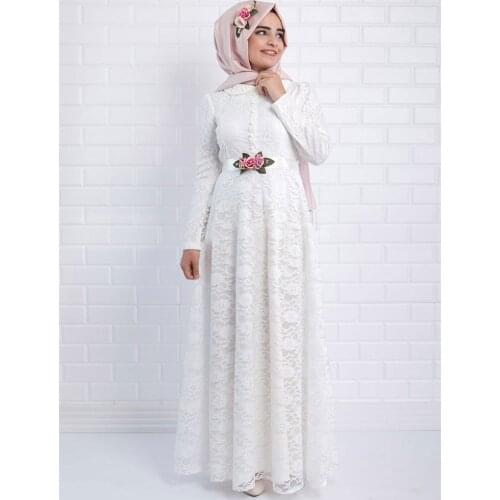 Muslim Women Wedding Dress Lace Floral Belt Islamic Hijab Clothing Bridal White ivory Applique Embroidery Gown Chic