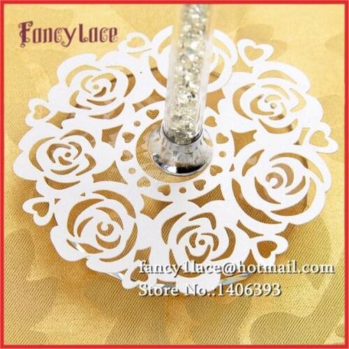 New Arrival Laser Cut Paper Flower Wine Claim Cup Card Wine Glass Cards Wedding Table Decorations 20 colors Can Be Chose 50pcs