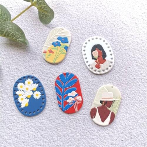 New style 30pcs/lot Relief effect cartoon flowers/girls pattern print geometry ovals shape acrylic beads diy jewelry accessory
