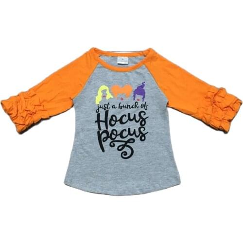 GirlyMax Fall Winter Girls Halloween Hocus Pocus Shirt Baby Long Sleeve Grey Orange Raglans