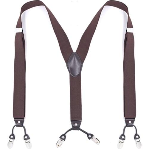 Brown Leather Suspenders for Men Y Shape 6 Strong Clips Heavy Duty Big and Tall Adjustable Elastic Trouser Braces Father Gifts