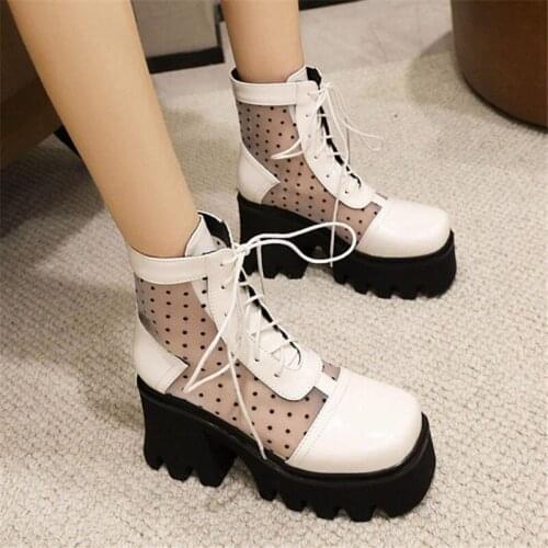 PXELENA 2021 Spring Women Mesh Combat Martin Boots Polka Dot Chunky Platform High Heels Punk Rock Gothic Shoes Plus Size 35-44