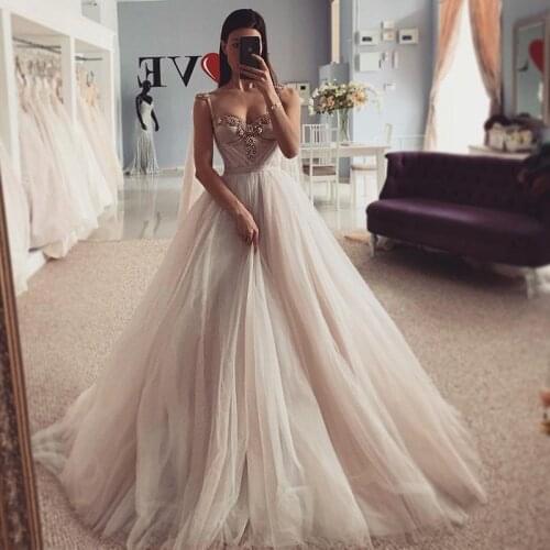 Sexy Crystals A Line Wedding Dresses Vestidos De Noiva 2021 Princess Bride Dresses Church Beach Wedding Gowns Custom Made