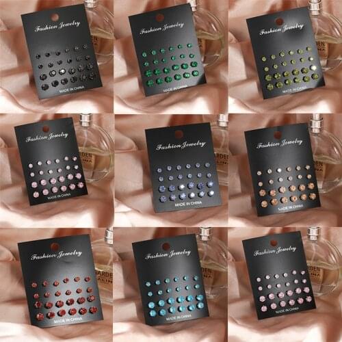 12 Pairs/Set Simple Colorful Crystal Earrings Set For Women Trendy Pink Black Rhinestone Stud Earrings Set Wedding Earrings Gift