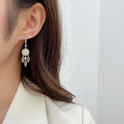 European Fashion Dream Catcher Natural Opal Earrings Women Simple Long Section Leaf Tassel Exquisite Temperament Wedding Jewelry