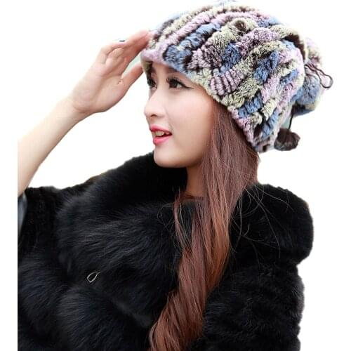 Winter Warm Fur Hat Scarf Women Real Rex Rabbit Cap Fox Pompom Handmade Fluffy Soft High Elastic