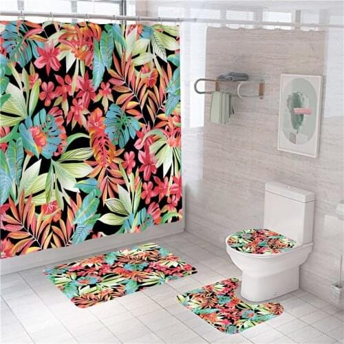 Colorful Plant Shower Curtains Summer Flower Print Bathroom Curtain Polyester 12 Hooks Anti-slip Bath Mat Set Toilet Accessories