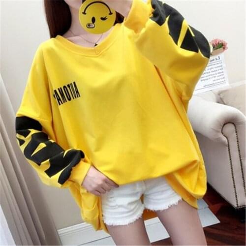 Womens Sweatshirt 2021 Spring Autumn New Korean Large Size Letters Long Sleeve Loose Commuter Fashion V-neck Pullover Lady Top