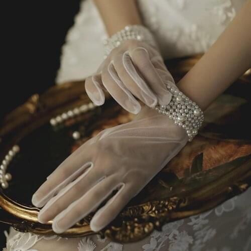 Elbow Length Short Women Bridal Gloves Pearls Beaded with Finger ivory 2021