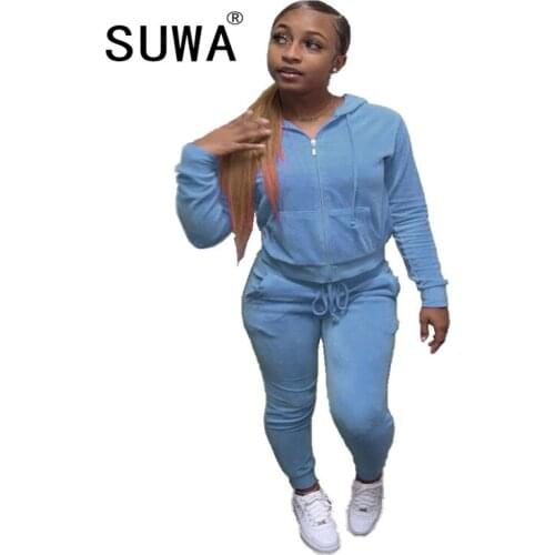 Women Solid Zipper Two Piece Set Knitted Tracksuit Long Sleeve Hooded Sweatshirts Top Pencil Pants Jogging Suit Clothing