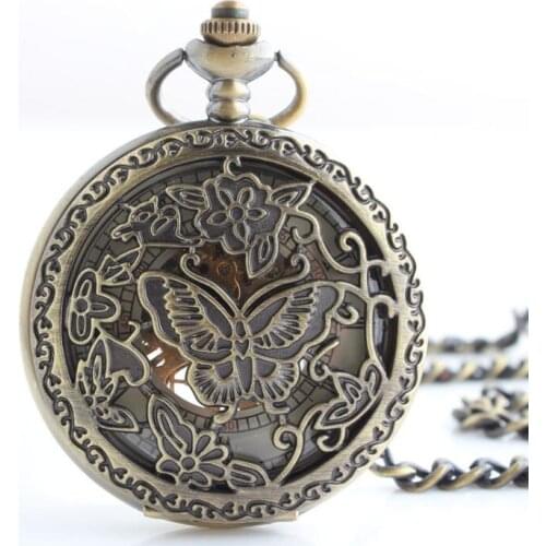 10pcs/lot Vintage Bronze Butterfly Skeleton Mechanical Pocket Watch Roman Dial Men Gift Pocket Watches