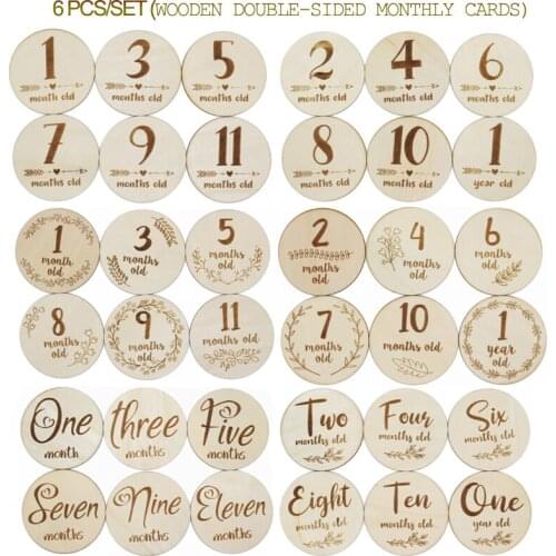 6 Pcs Wooden Baby Month Milestone Card Newborn Birth Month Birthday Milestone Wooden Teether Baby Kids Photography Props Toy