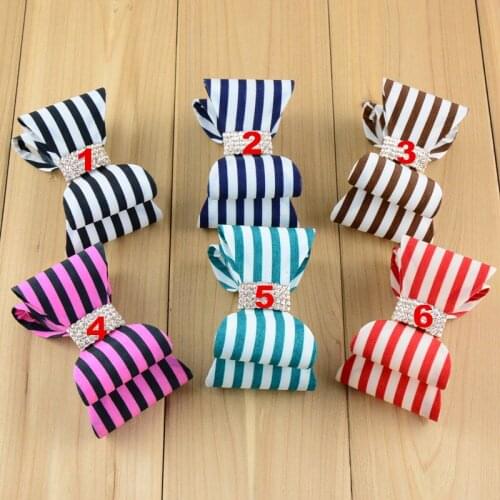 3.2" Newborn Luxe pin-striped Hair Bows Handmade Hard Satin Bowknot with rhinestone button girls Hair Accessories 6 colors