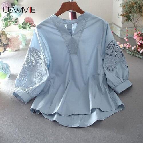 Free Shipping Women Shirt Summer Temperament Hollowed Out Single-piece Set V-neck Irregular Hem Lantern Sleeve Casual Shirts