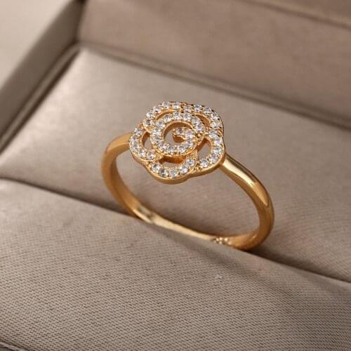 Cute Flower Rings For Women Stainless Steel Gold Charm Zircon Rose Wedding Ring Dainty Bride Flower Engagement Ring Bijoux Femme
