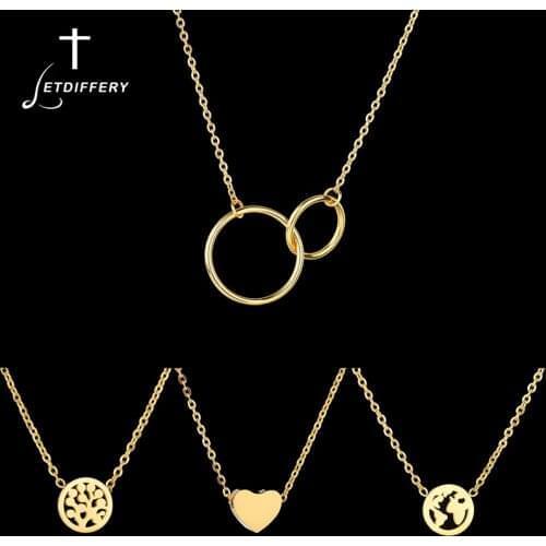 Letdiffery Stainless Steel Double Round Circle Clavicle Necklace Gold Silver Color Tiny Heart Tree of Life Choker Jewelry