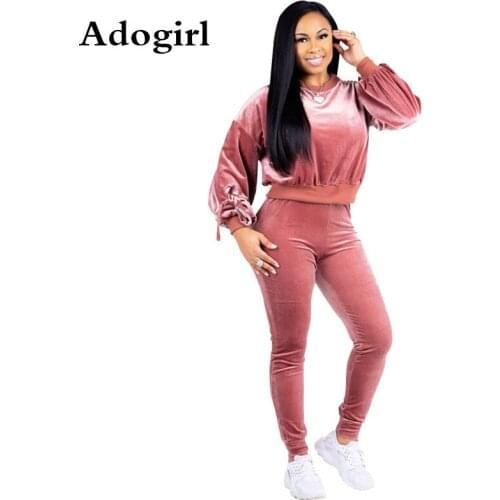 2019 Autumn Winter Thick Velet 2 Piece Suit Long Sleeve Lace Up O-neck Sweatshirts+ Skinny Long Pants Casual Sporting Tracksuit