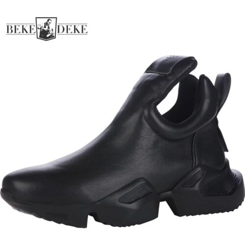 Mens Casual Active Shoes Black 100% Genuine Leather Thick Bottom Heighten Sneakers Slip-Ons Shoes Mens Autumn Designer Loafers