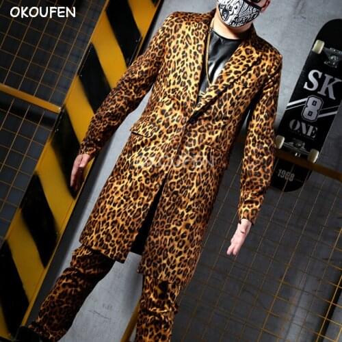 Fashion personality mens leopard print long suit Nightclub bar singer DJ stage costume party show performance jacket outwear