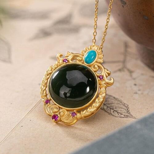 Original design Newsilver inlaid natural Hotan black Chalcedony pendant necklace Chinese style palace retro womens jewelry