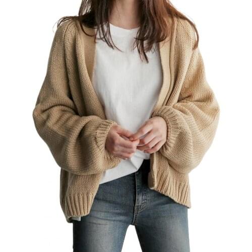 Autumn Women Solid Color Knitted Open Front Cardigan Long Puff Sleeve Warm Coat