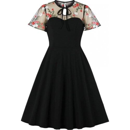 Mesh Retro Dress For Women Summer New Stitching Round Neck Black Embroidery Dress Fashion Sexy Short Sleeve Mid-Length Skirt 2XL