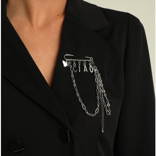 Sindlan Punk Silver Color Chain Butterfly Pin Brooch for Women Hip Hop Letter Female Y2k EMO Fashion Jewelry Stranger Things