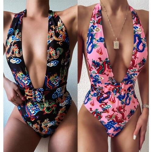 Explosive Deep V Sexy One Piece Swimsuit Dragon Pattern Swimming Suit Ladies Print Swimwear Women Bikini High Quality Beach Wear