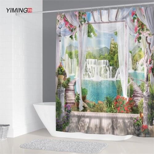 Polyester waterproof bathroom curtain, outside window with beautiful waterfall viewbathroom decoration with hook shower curtain