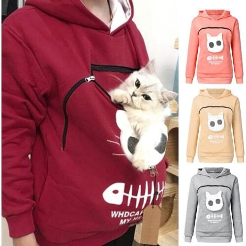 Women Long Sleeve Kangaroo Pouch Cats Fish Print Hoodie Pet cats Holder pocket Sweatshirt Dropshipping female Plus size Hoodie