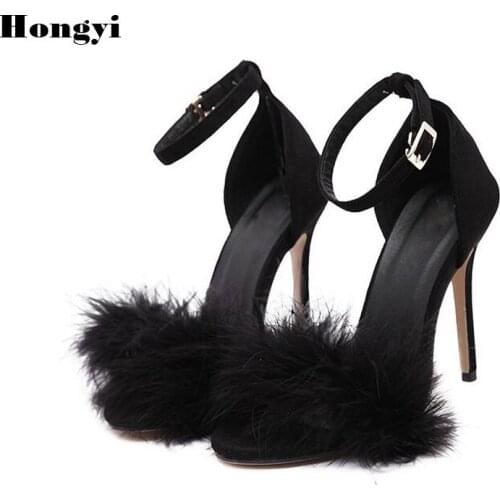 Women Pu Leather Fur Sandals High Heels Footwear Fur Ankle Strap Gladiator Sandals Female Wedding Sexy Shoes Stiletto plus size