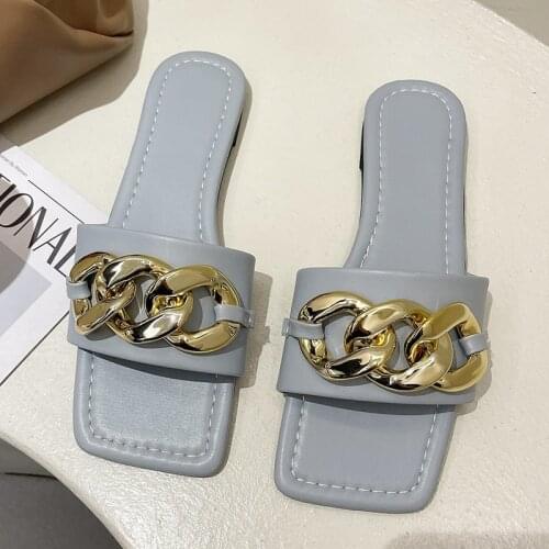 Womens Summer New Sandals Slippers Female Chain Decoration Square Toe Flat Ladies Plus Size Soft Slides