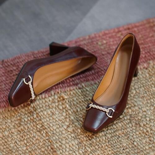 Osunlina Square Heels Woman Pumps Metal Chain Decoration 2021 New Brown Genuine Leather Slip On Quality Female Handmade Shoes