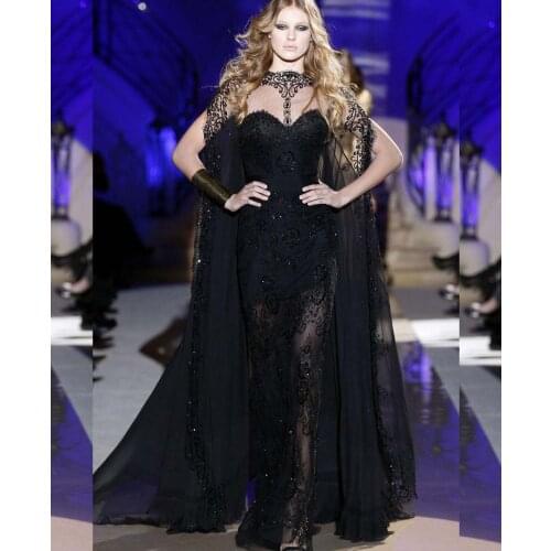 Black Evening Gown Mermaid See Through High Neck Lace Beaded Sequins Floor Length Long Party Gown with Cloak for Wedding Party