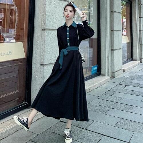 Women 2021 New Autumn Fashion Long Sleeve Dresses Female Solid Color Buttons Vestidos Ladies Loose Mid-long Dress V387