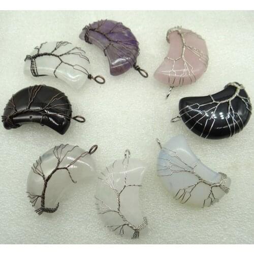 Natural Stone Quartz Crystal Pendant Tree Of Life Reiki Moon Shape Polished Mineral Jewelry Healing Stone Men Women Jewelry 1pc