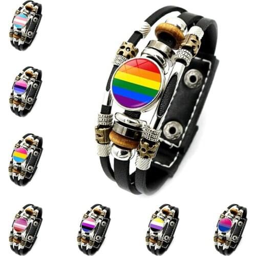 Gay Lesbian Pride LGBT Rainbow Clasp Bracelet Men Women Handmade Jewelry Vintage Multilayer Punk Leather Bracelet Lovers Gift