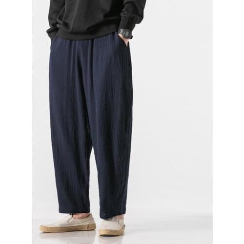 2021 Mens Cotton Linen Pants Men Breathable Solid Color Linen Trousers Male Hanging Crotch Hip Hop Streetwear Wide Leg Pants