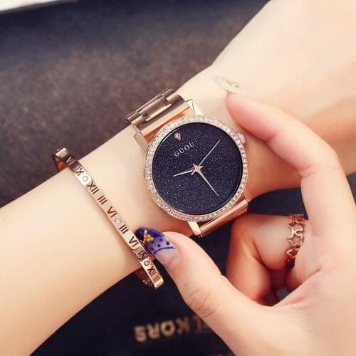 2018 Top Guou Brand Clock Fashion Women Cool Black Sky Star Luxury Stylish Crystal Rhinestones Quartz Watch Big Dial Waterproof