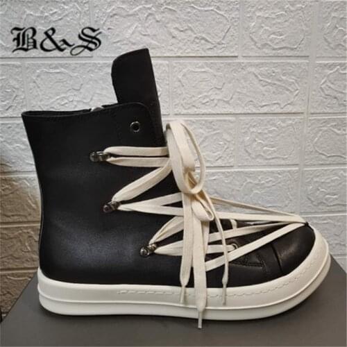 Black& Street 2020ss dark Trender new Designer cross laces personalized Street Flat zipper Boots genuine Leather Boots