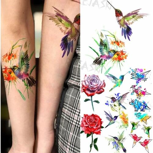 Color Hummingbird Temporary Tattoos For Women Kids Rose Paper Crane Animal Realistic Fake Tattoo Body Art Half Sleeve Tatoos